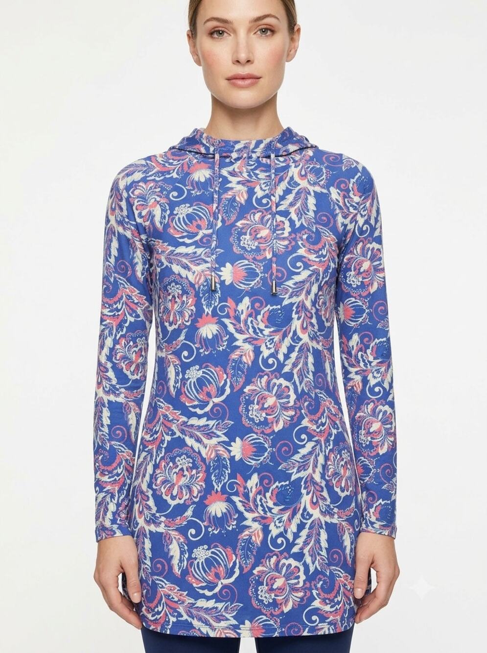 Coolibar Seacoast Swim Cover Up Dress Women's S Blue Floral Hooded UPF 50 Beach
